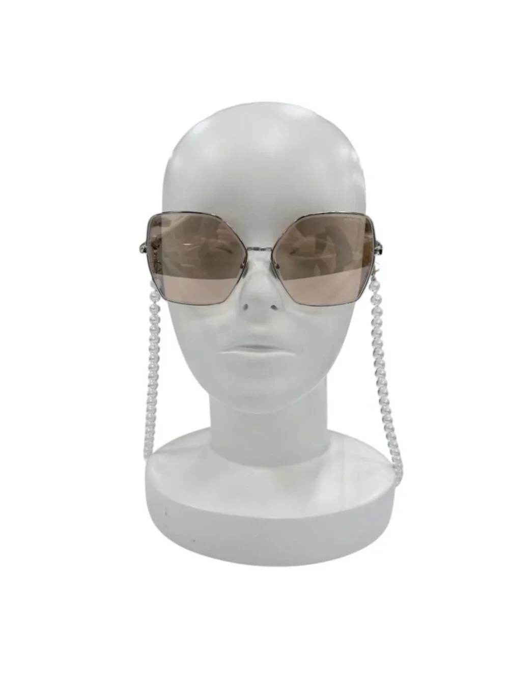 Chanel CC Logo Pearl Chain Butterfly Sunglasses Silver Brown Eyewear